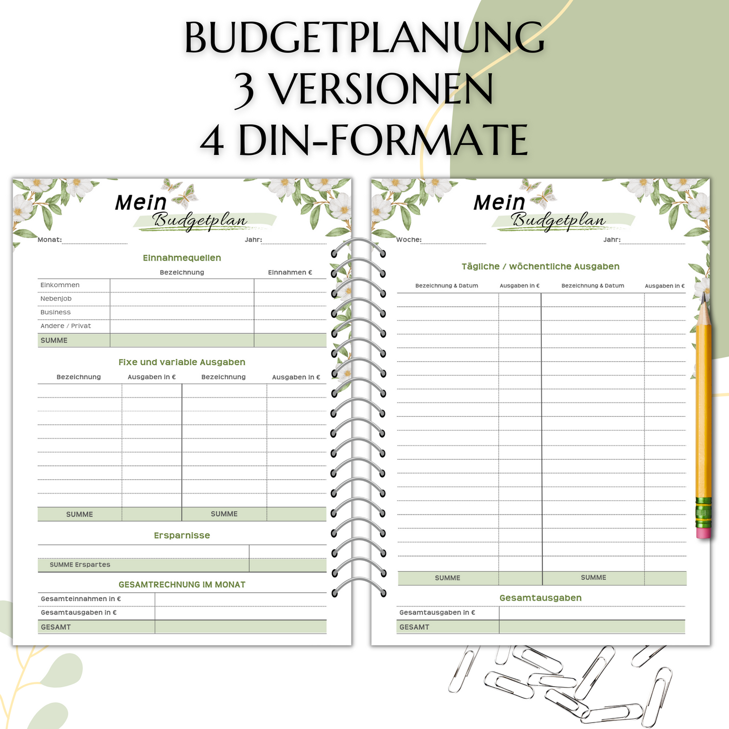 Budget Planer, grün II, A4, A5 & A6, inkl. Jahresansicht