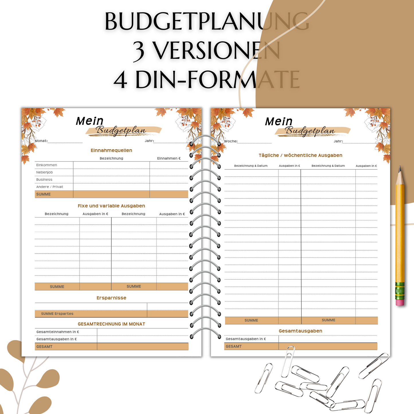 Budget Planer, braun, A4, A5 & A6, inkl. Jahresansicht