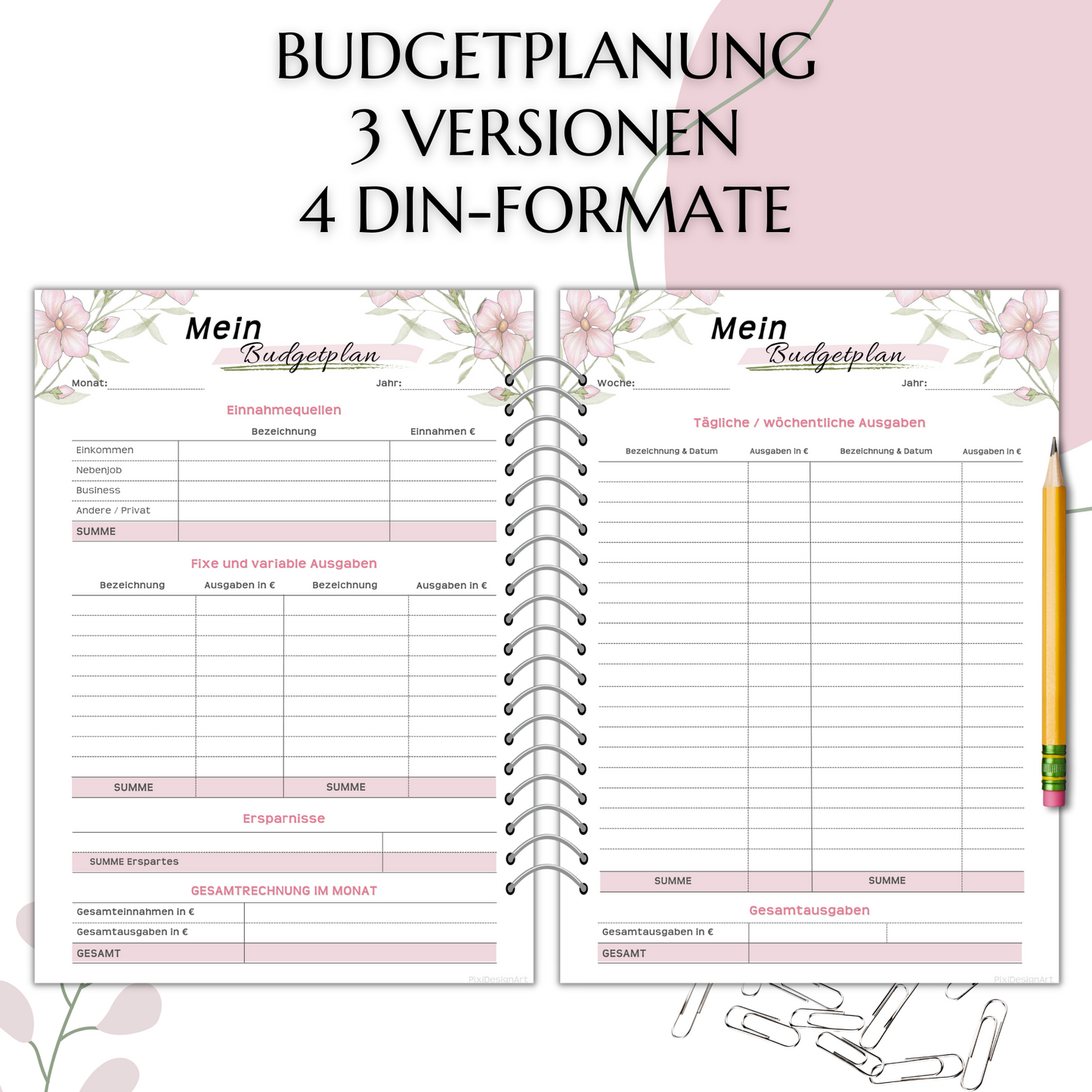 Budget Planer, rosa, A4, A5 & A6, inkl. Jahresansicht