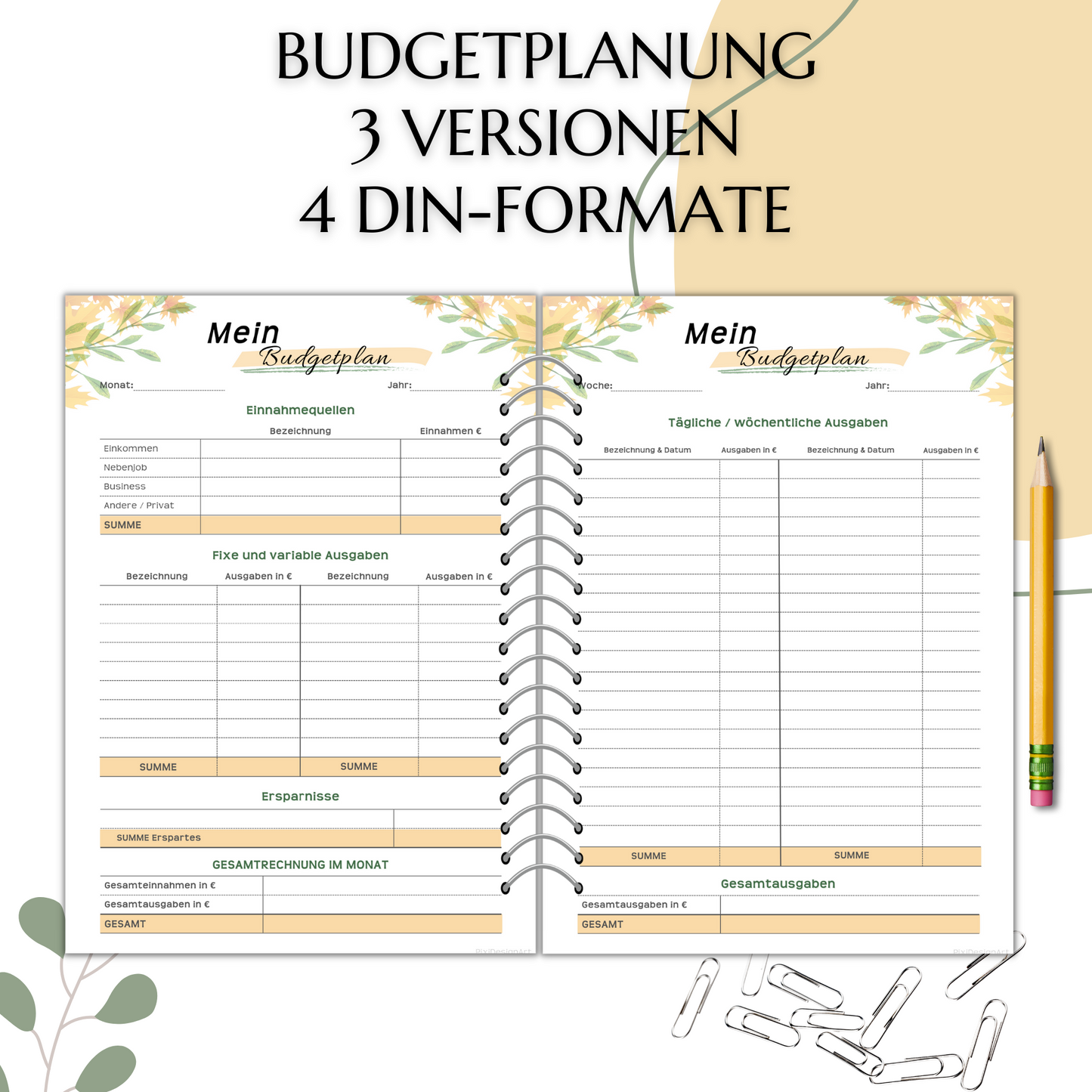 Budget Planer, gelb, A4, A5 & A6, inkl. Jahresansicht