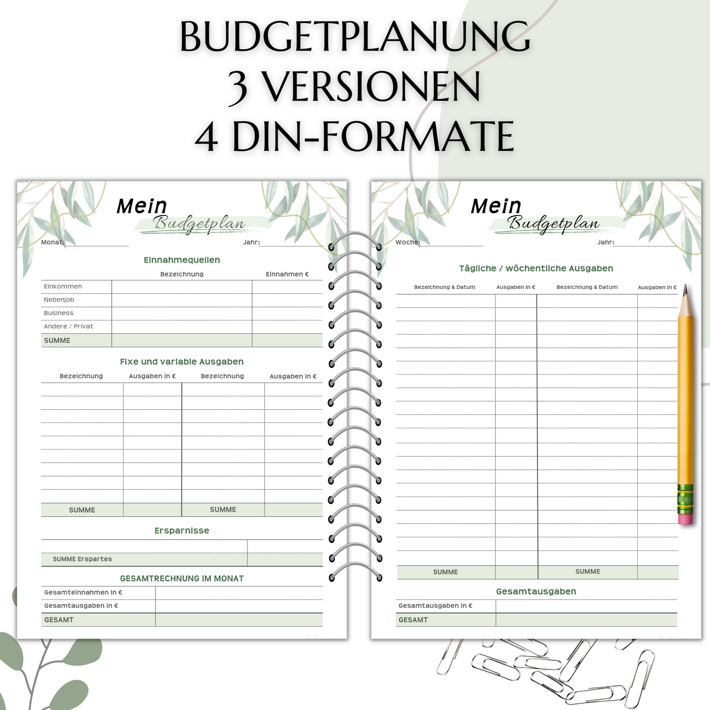 Budget Planer, grün , A4, A5 & A6, inkl. Jahresansicht