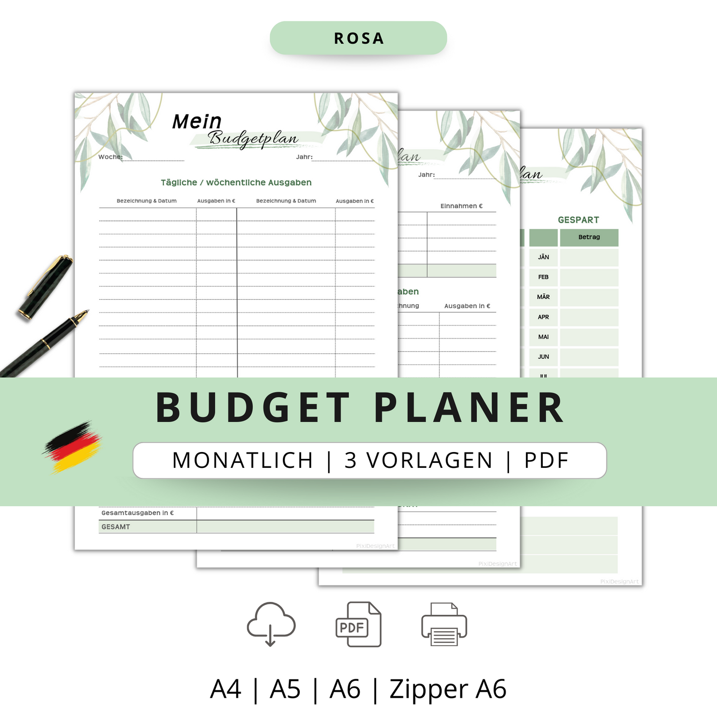 Budget Planer, grün , A4, A5 & A6, inkl. Jahresansicht