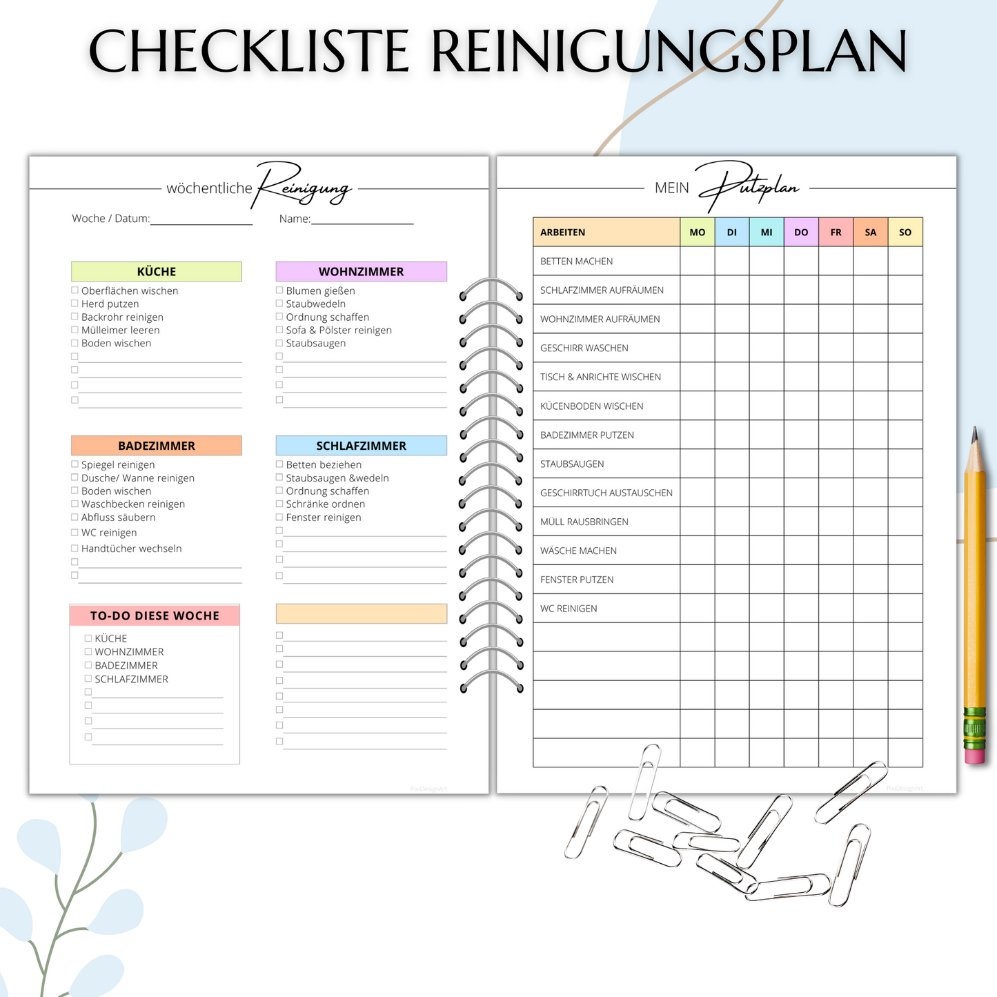 Reinigungsplan digital editierbar PDF , bunt