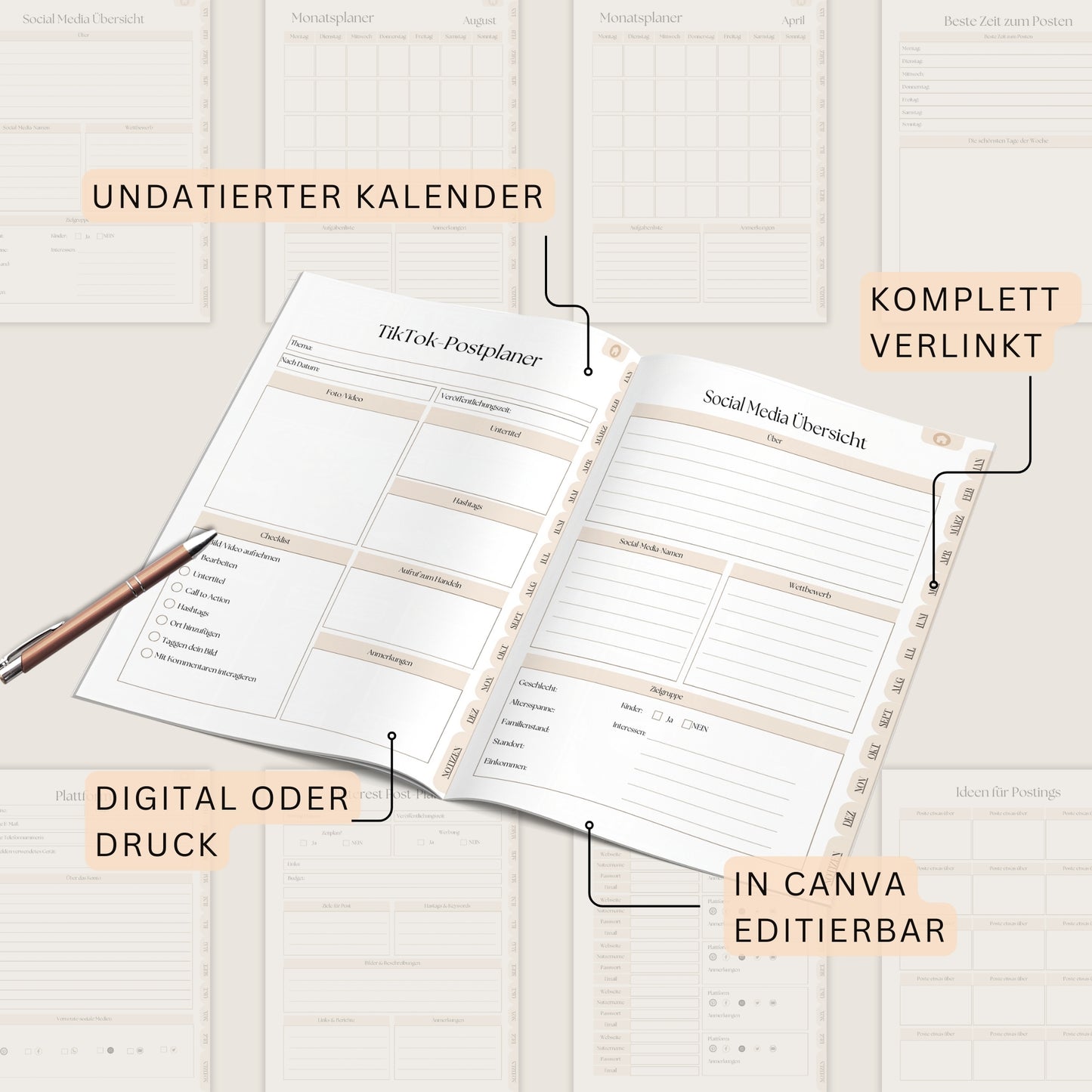 Social Media Content Planer Deutsch - Template mit Canva Link, Weiterverkauf, digitaler Planer verlinkt, digitales Marketing, PLR, MRR, pdf