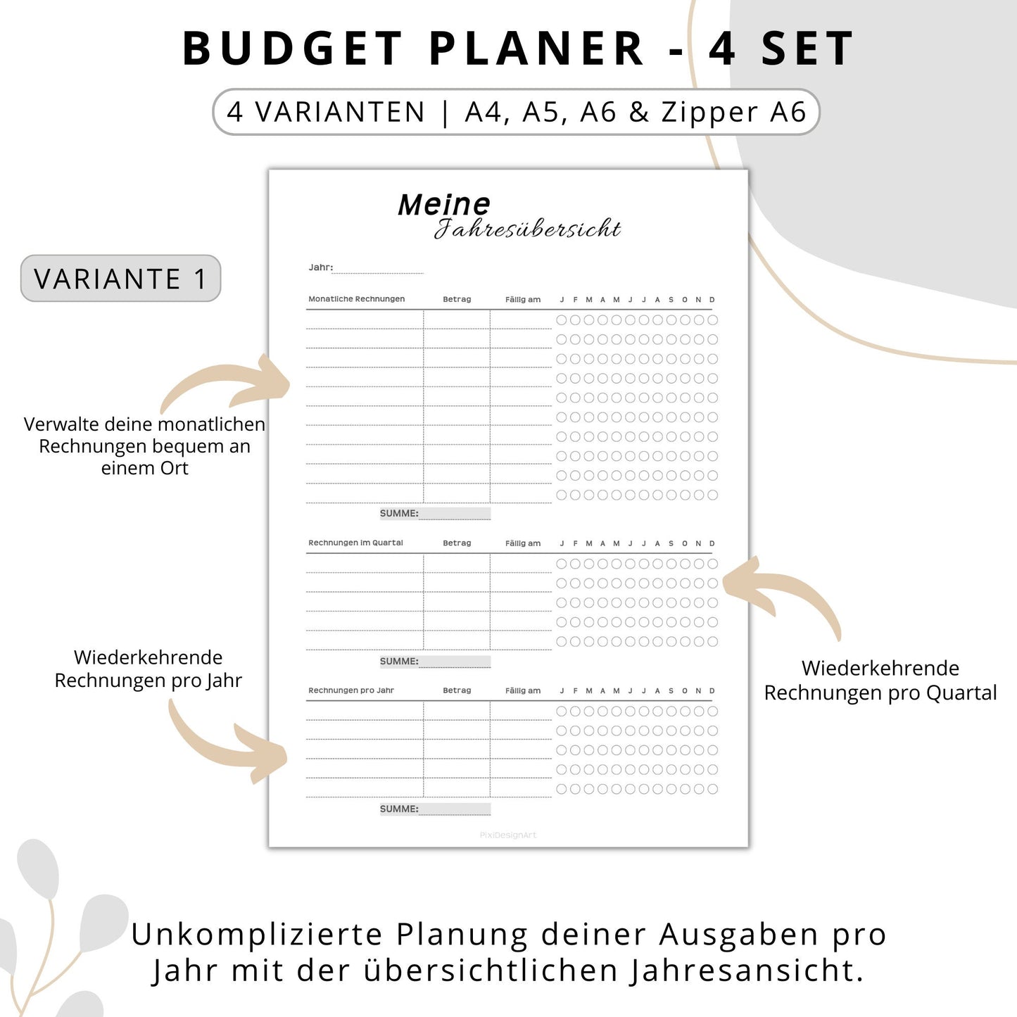 Budget Planer 4 Varianten, grau minimal