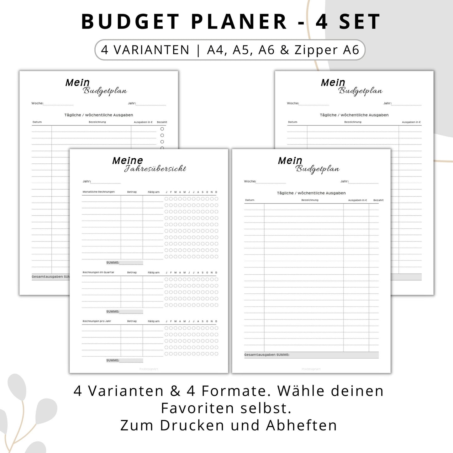 Budget Planer 4 Varianten, grau minimal