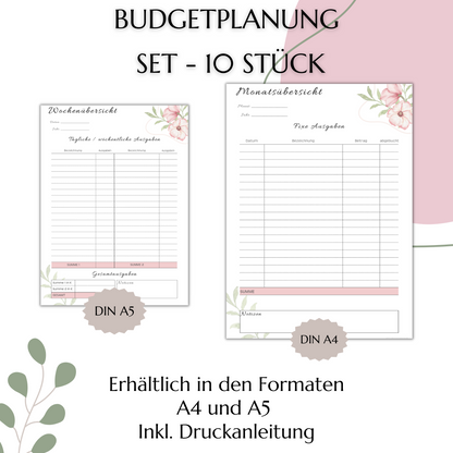 Budget Planer Deutsch A4, A5, A6, rosa, 10 Versionen