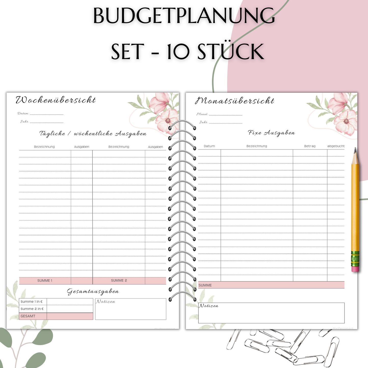 Budget Planer Deutsch A4, A5, A6, rosa, 10 Versionen