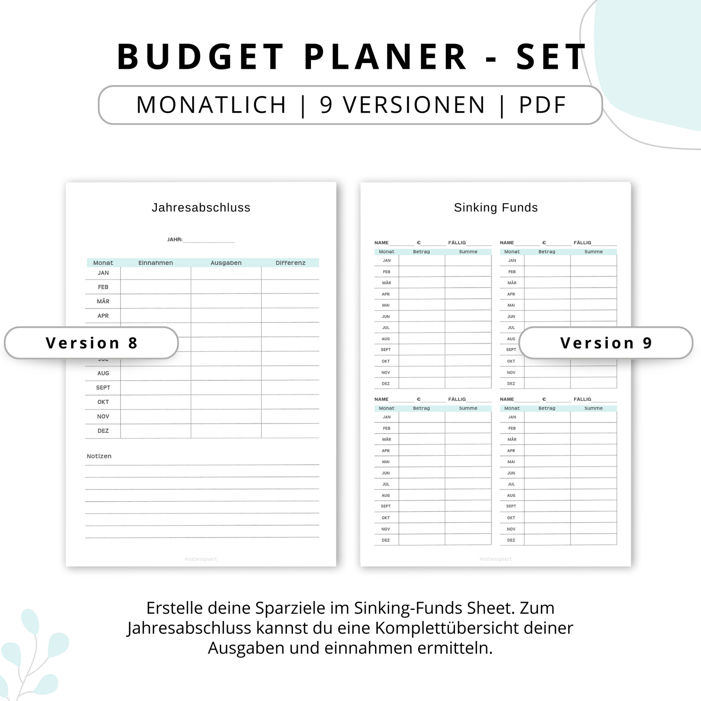 Budget Planer- SET 9 Varianten, blau minimal