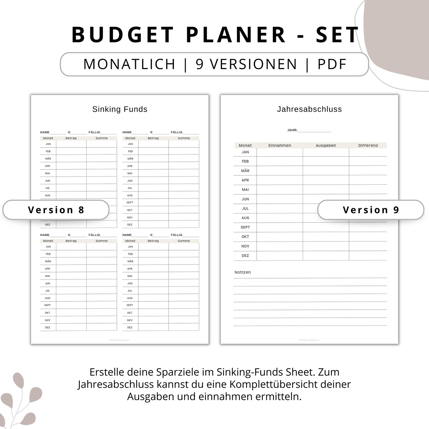 Budget Planer- SET 9 Varianten, beige minimal