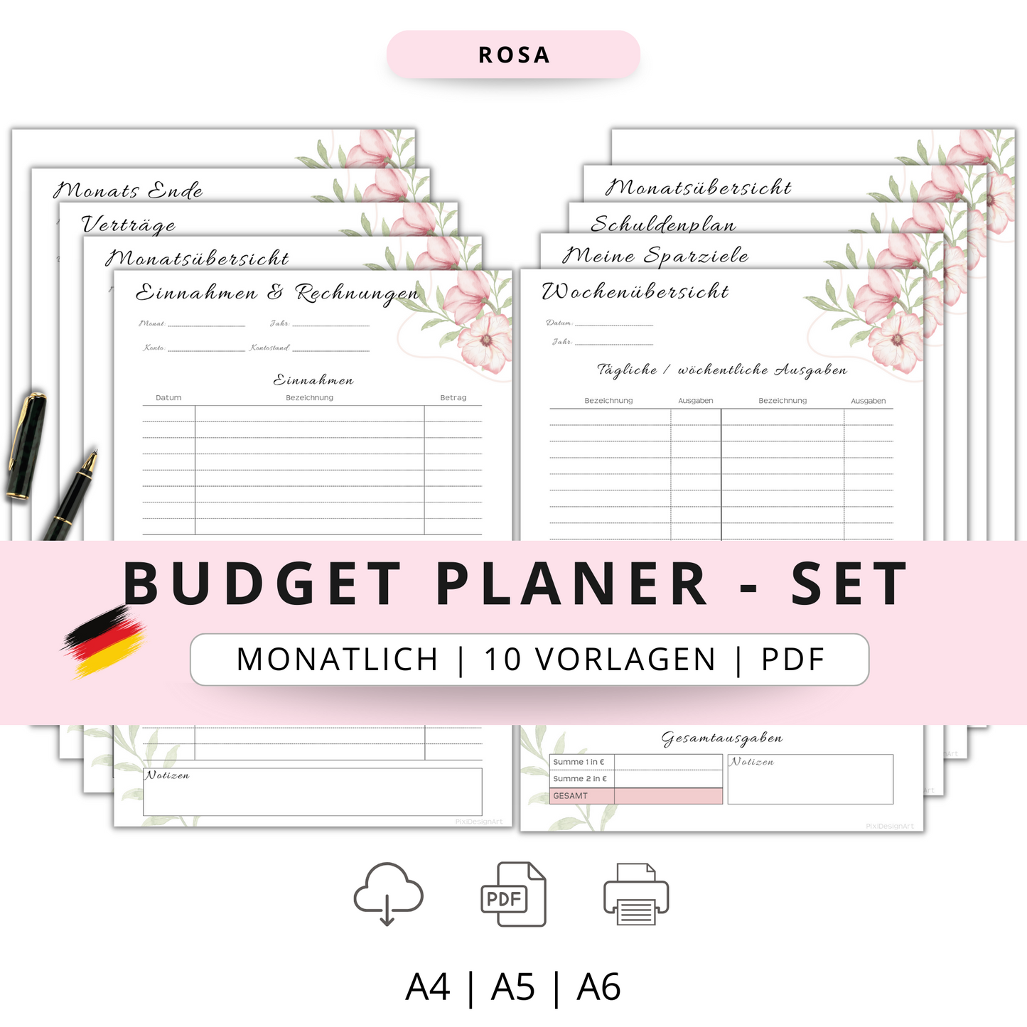 Budget Planer Deutsch A4, A5, A6, rosa, 10 Versionen