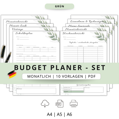 Budget Planer Deutsch A4, A5, A6, grün, 10 Versionen