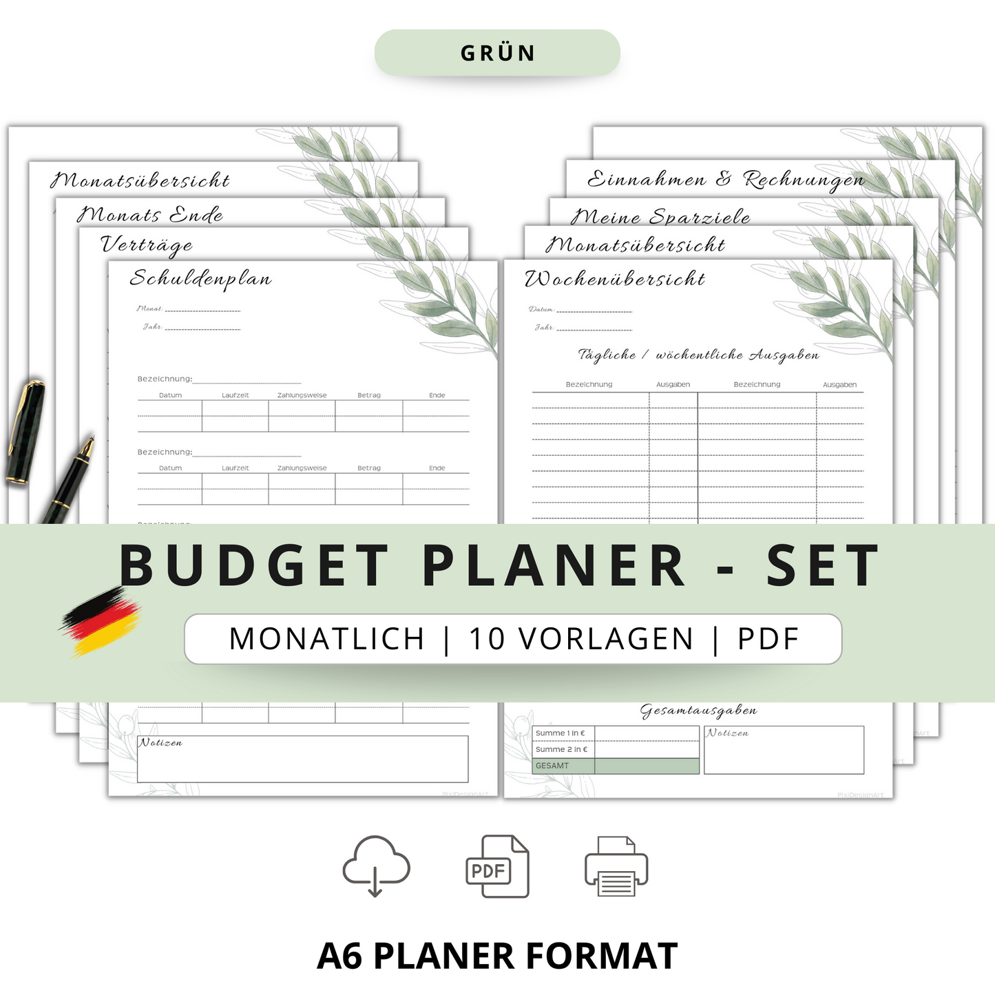 Budget Planer Deutsch A6, grün, 10 Versionen