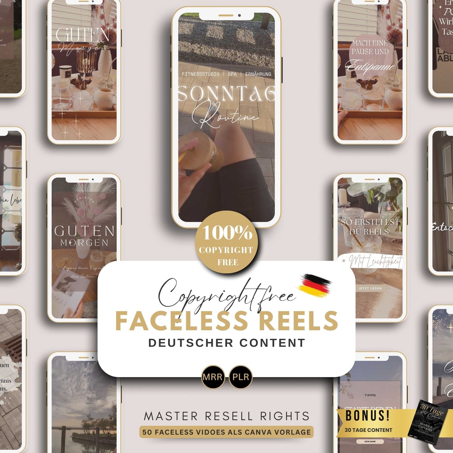 Faceless Video Reels Deutsch, Instagram Templates, DFY Content, Digitales Marketing mit Master Resell Rechte, MRR PLR, Canva, Wiederverkauf
