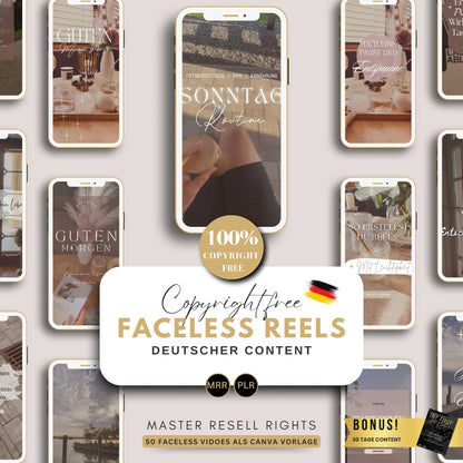 Faceless Video Reels Deutsch, Instagram Templates, DFY Content, Digitales Marketing mit Master Resell Rechte, MRR PLR, Canva, Wiederverkauf