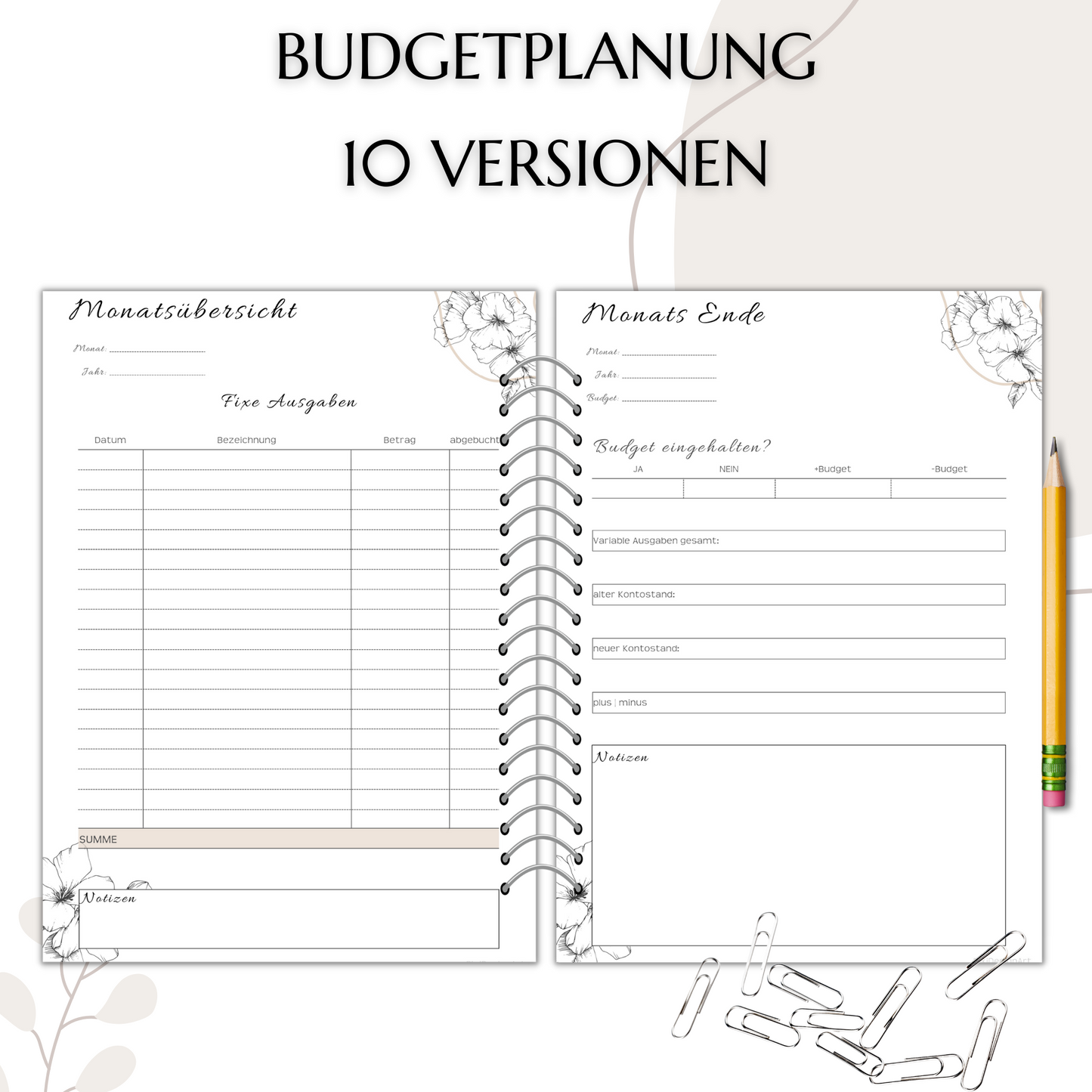 Budget Planer Deutsch A4, A5, A6, beige, 10 Versionen