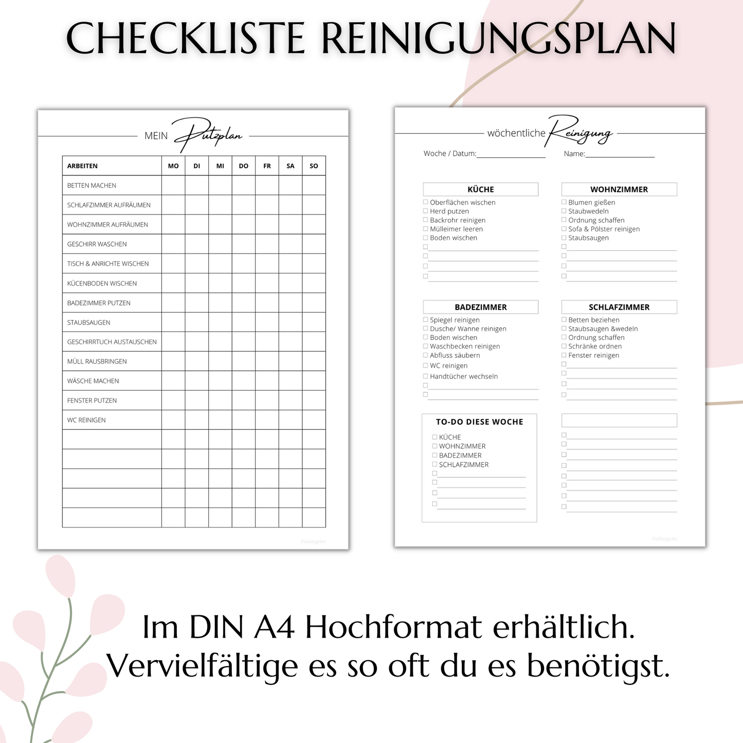 Reinigungsplan digital editierbar PDF, minimal