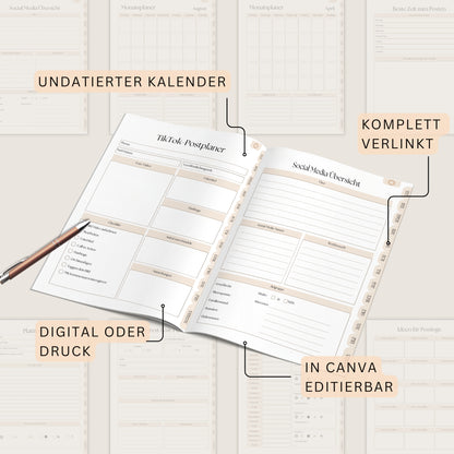Social Media Content Planer Deutsch - Template mit Canva Link, Weiterverkauf, digitaler Planer verlinkt, digitales Marketing, PLR, MRR, pdf