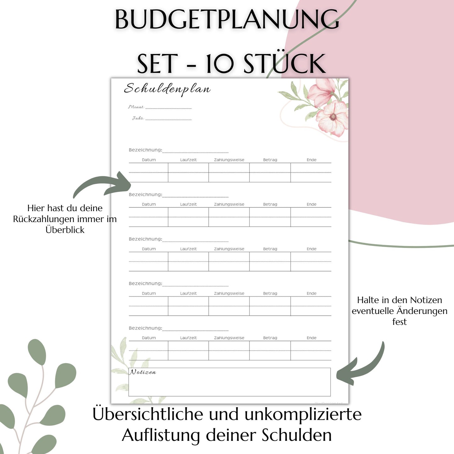 Budget Planer Deutsch A4, A5, A6, rosa, 10 Versionen