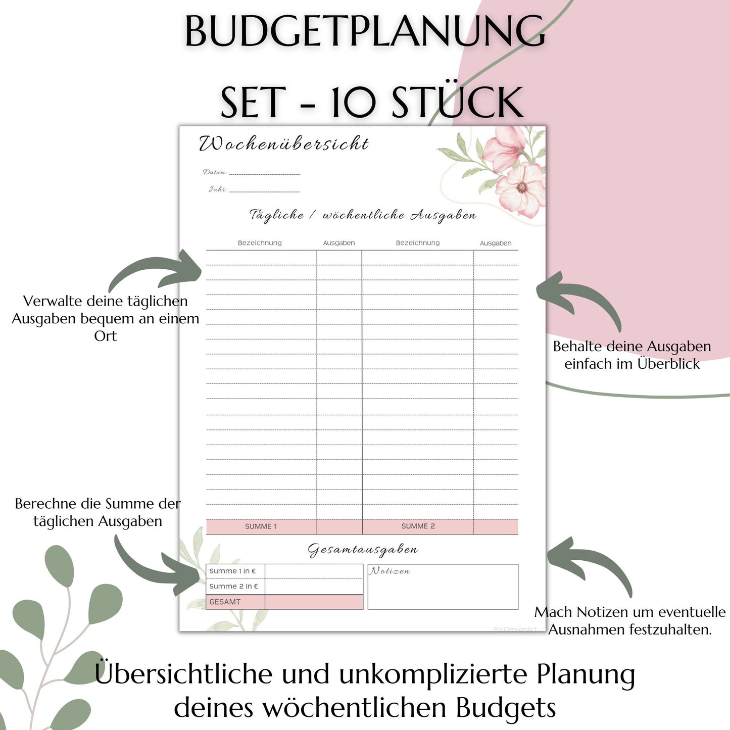 Budget Planer Deutsch A4, A5, A6, rosa, 10 Versionen