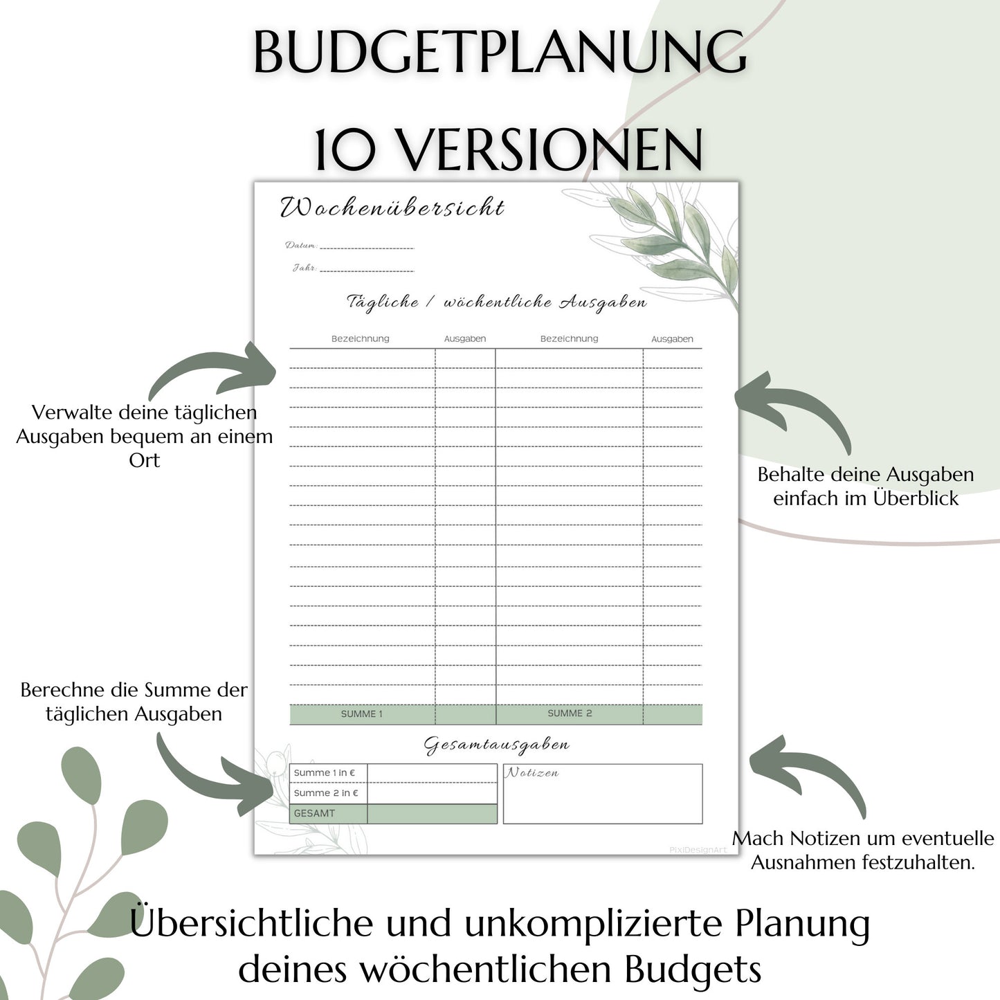 Budget Planer Deutsch A6, grün, 10 Versionen