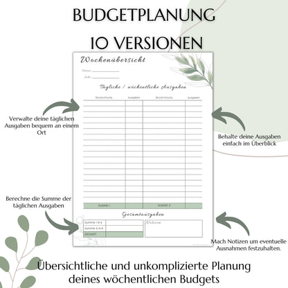 Budget Planer Deutsch A6, grün, 10 Versionen