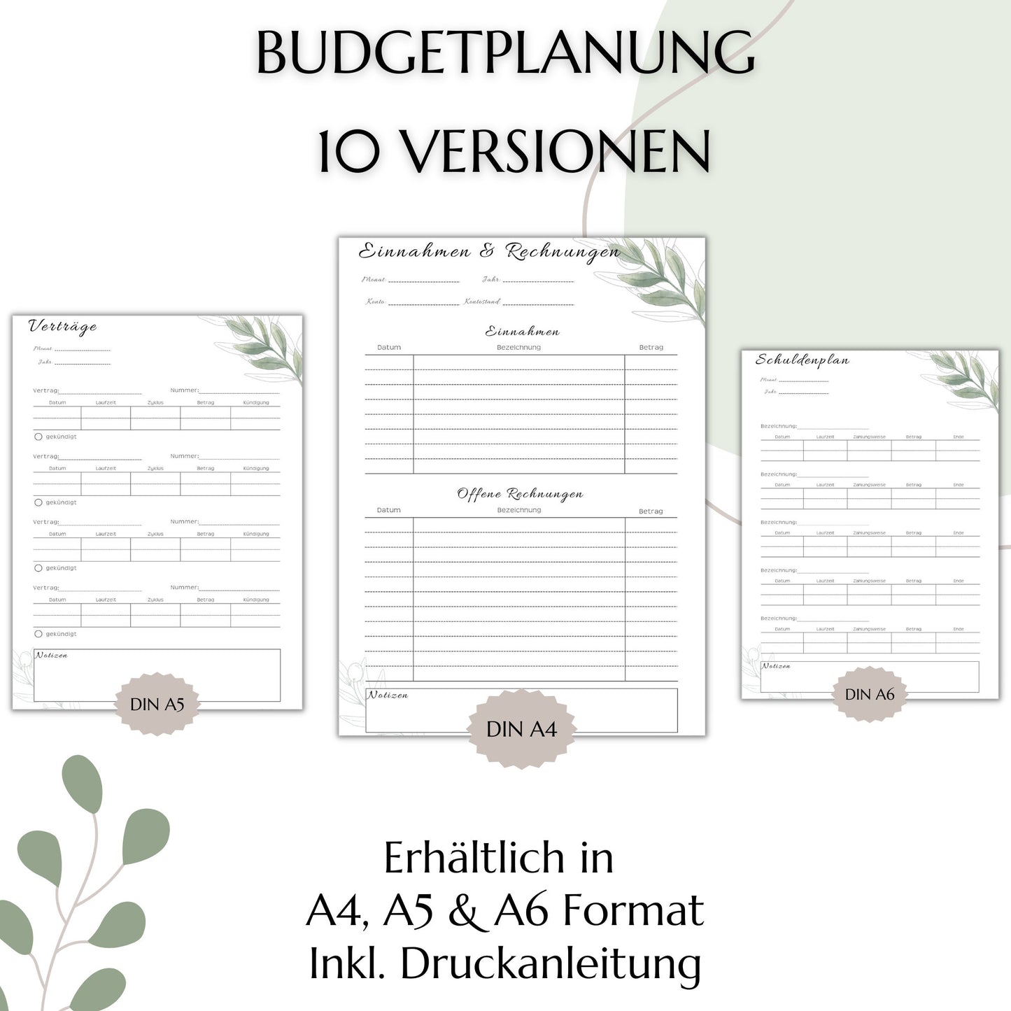 Budget Planer Deutsch A4, A5, A6, grün, 10 Versionen