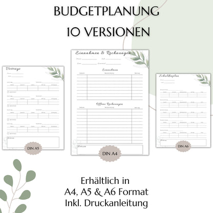 Budget Planer Deutsch A4, A5, A6, grün, 10 Versionen