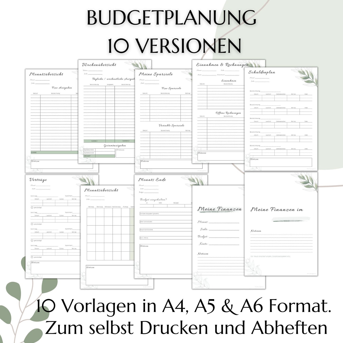 Budget Planer Deutsch A4, A5, A6, grün, 10 Versionen