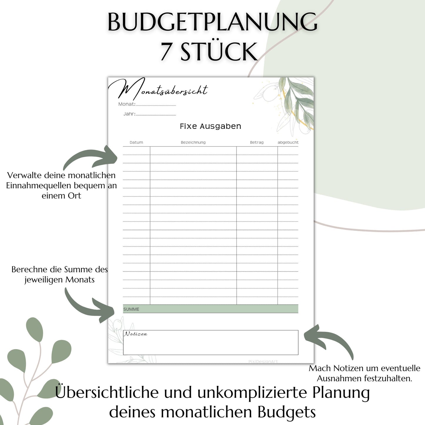 Budget Planer Set,  7 Versionen, grün