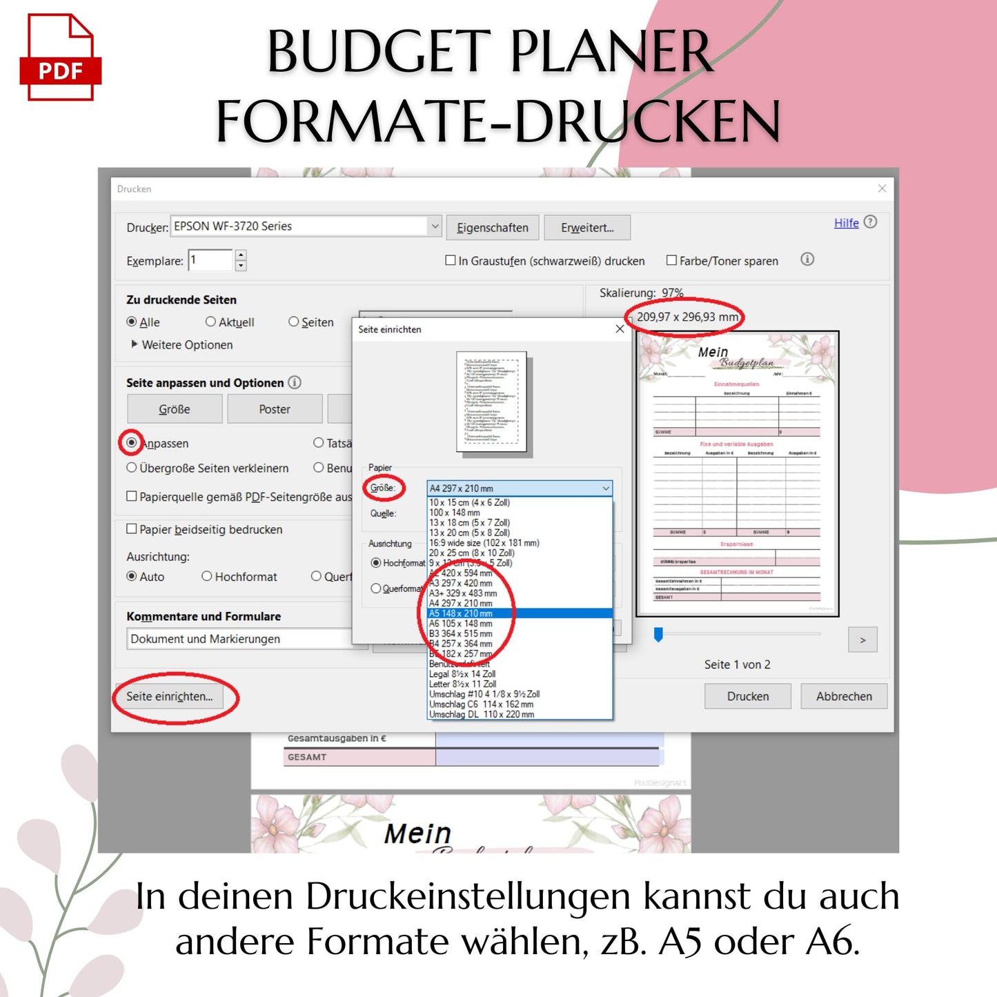 Budget Planer editierbare PDF, rosa