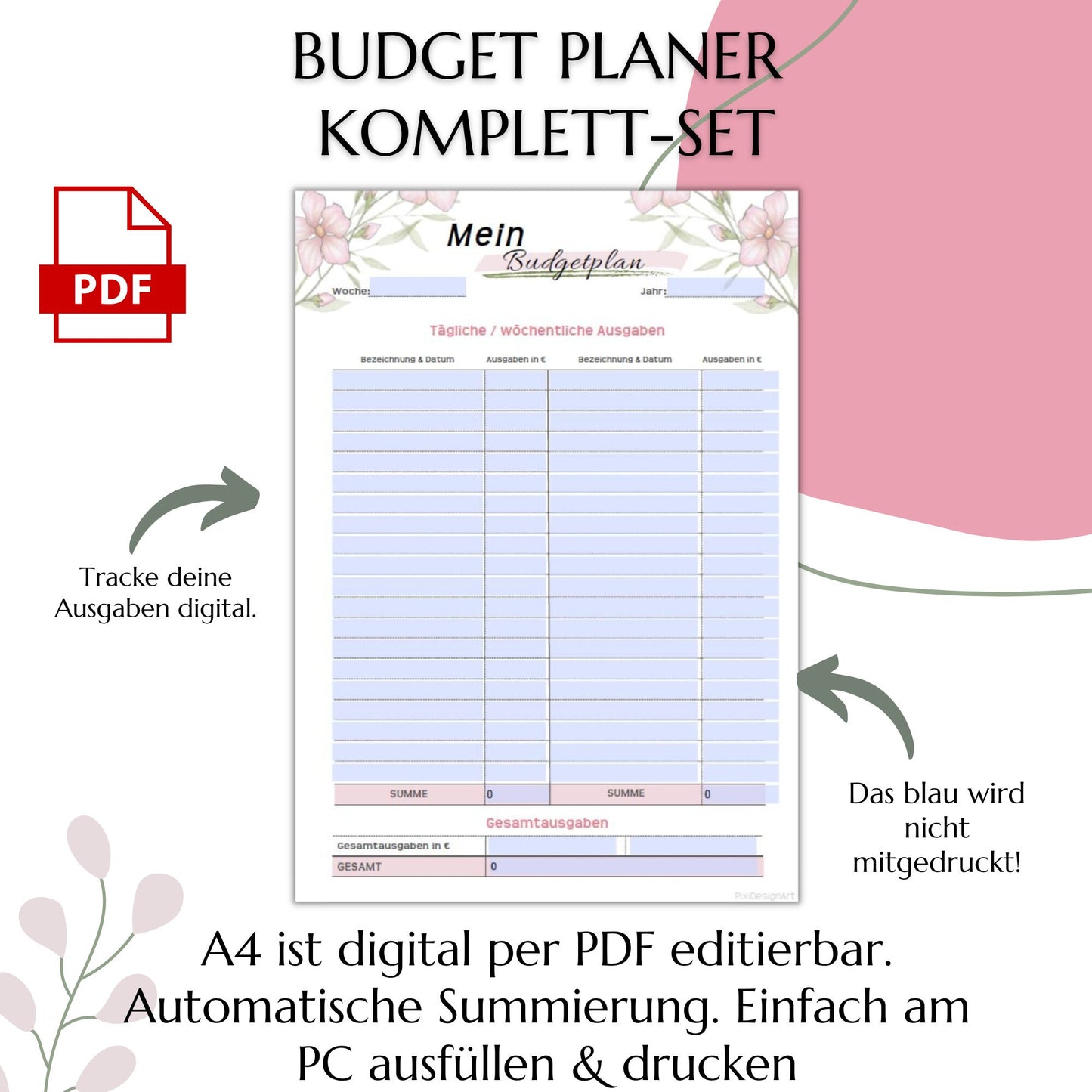 Budget Planer editierbare PDF, rosa