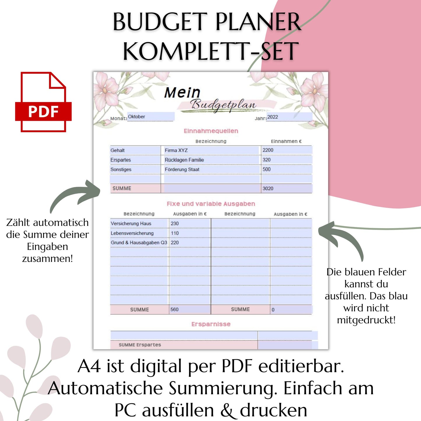 Budget Planer editierbare PDF, rosa