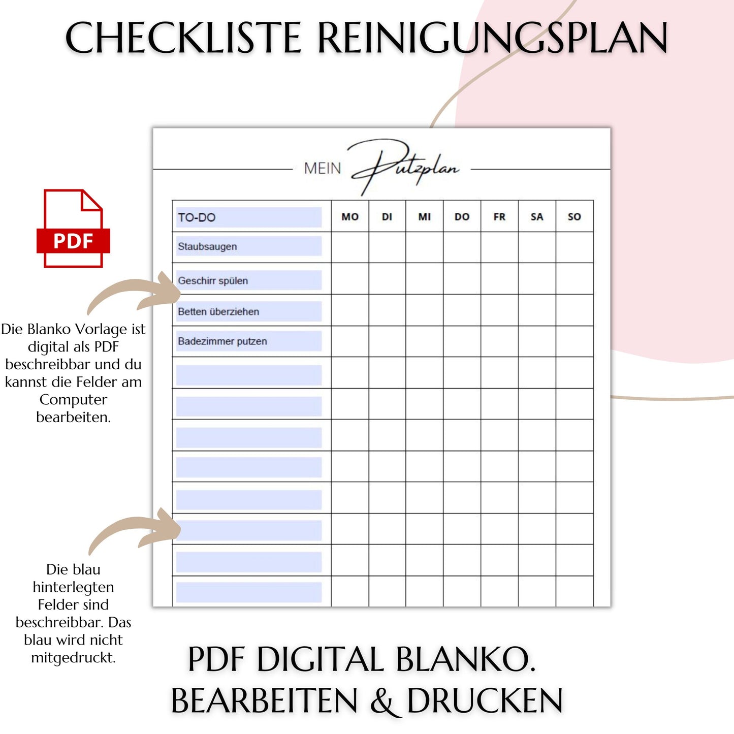 Reinigungsplan digital editierbar PDF, minimal