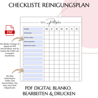 Reinigungsplan digital editierbar PDF, minimal