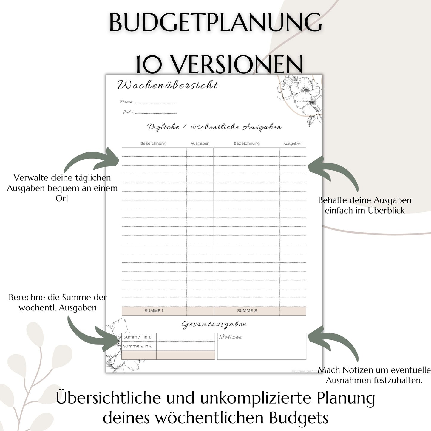 Budget Planer Deutsch A4, A5, A6, beige, 10 Versionen