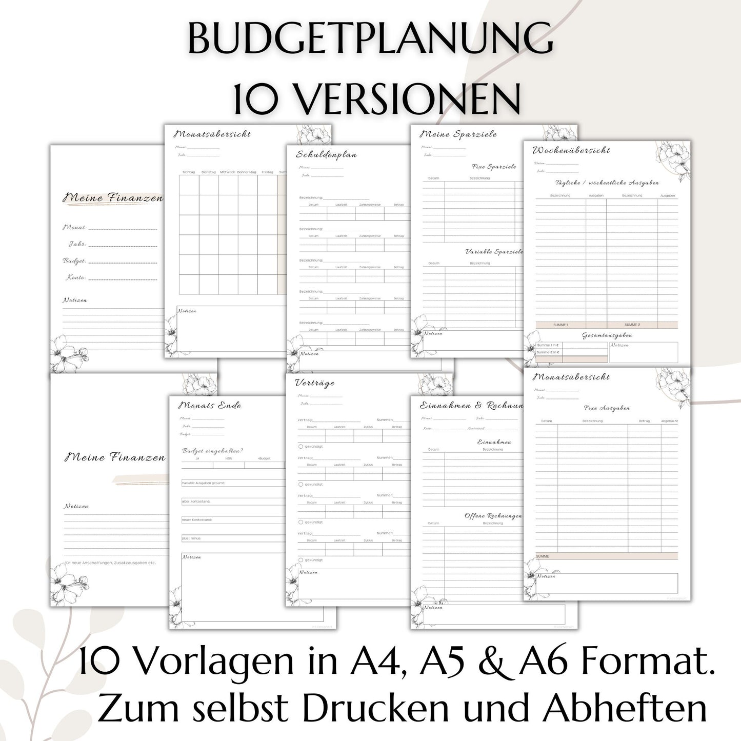 Budget Planer Deutsch A4, A5, A6, beige, 10 Versionen