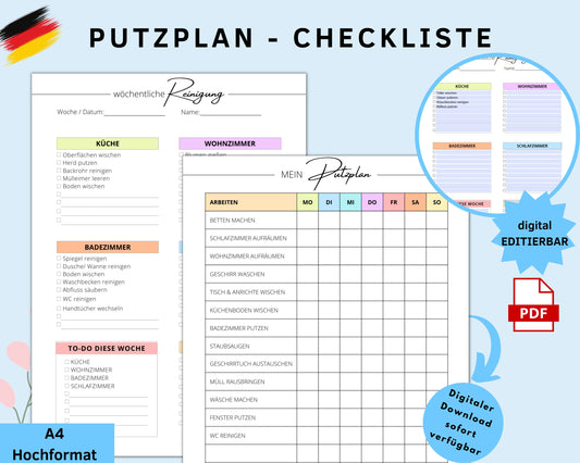 Reinigungsplan digital editierbar PDF , bunt