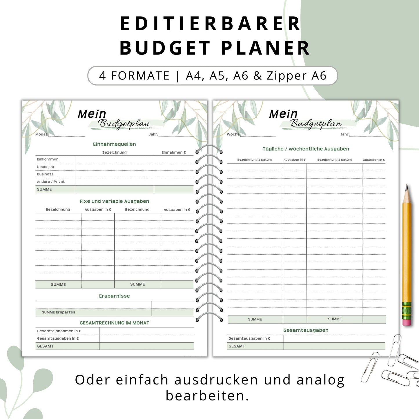 Budget Planer editierbare PDF, grün