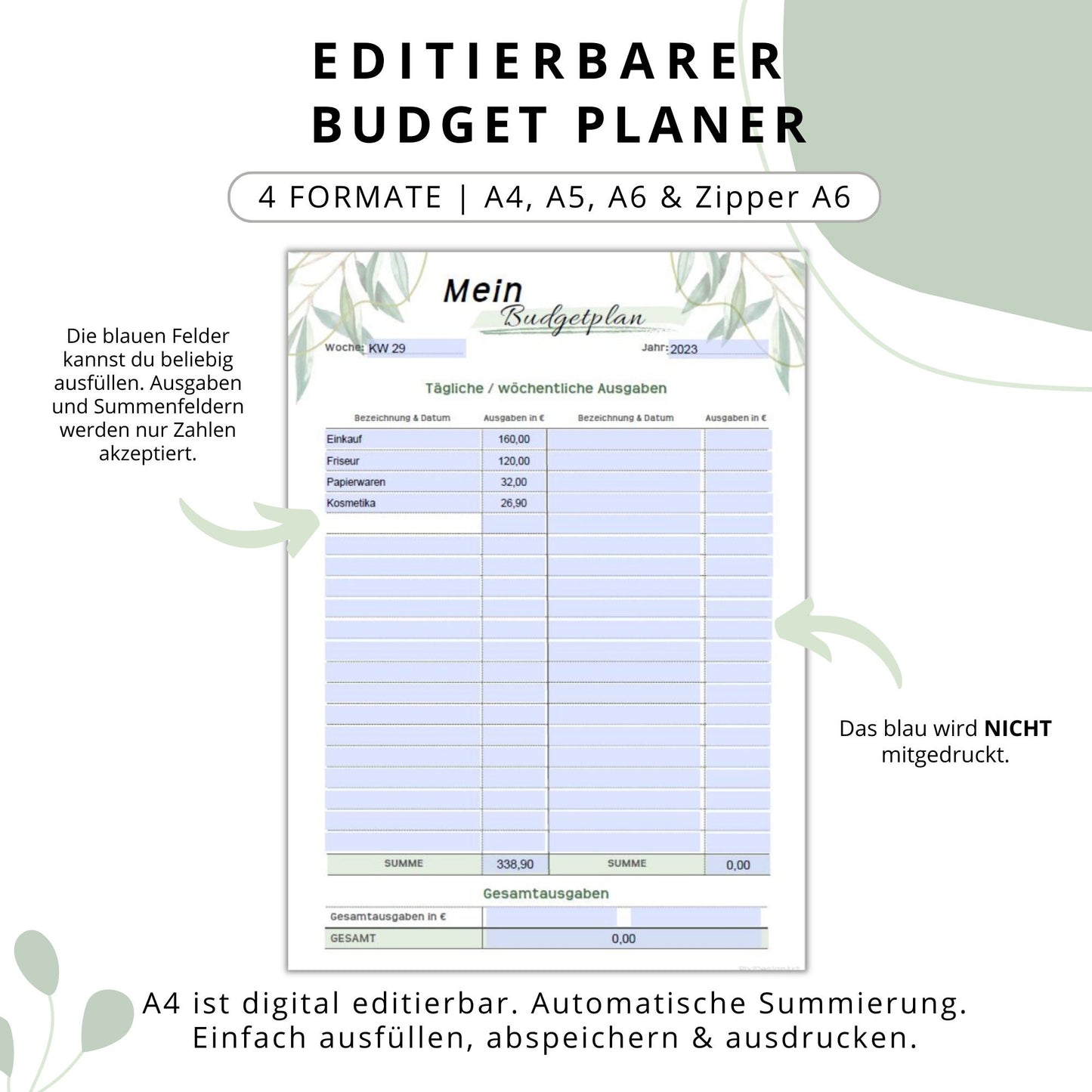 Budget Planer editierbare PDF, grün