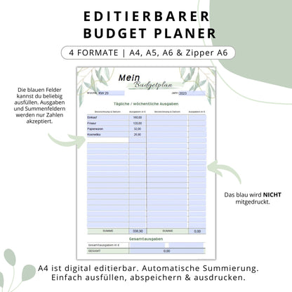 Budget Planer editierbare PDF, grün