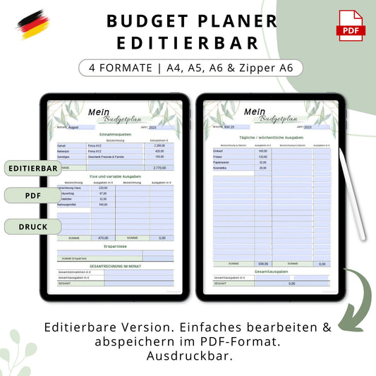 Budget Planer editierbare PDF, grün