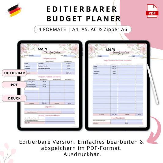 Budget Planer editierbare PDF, rosa