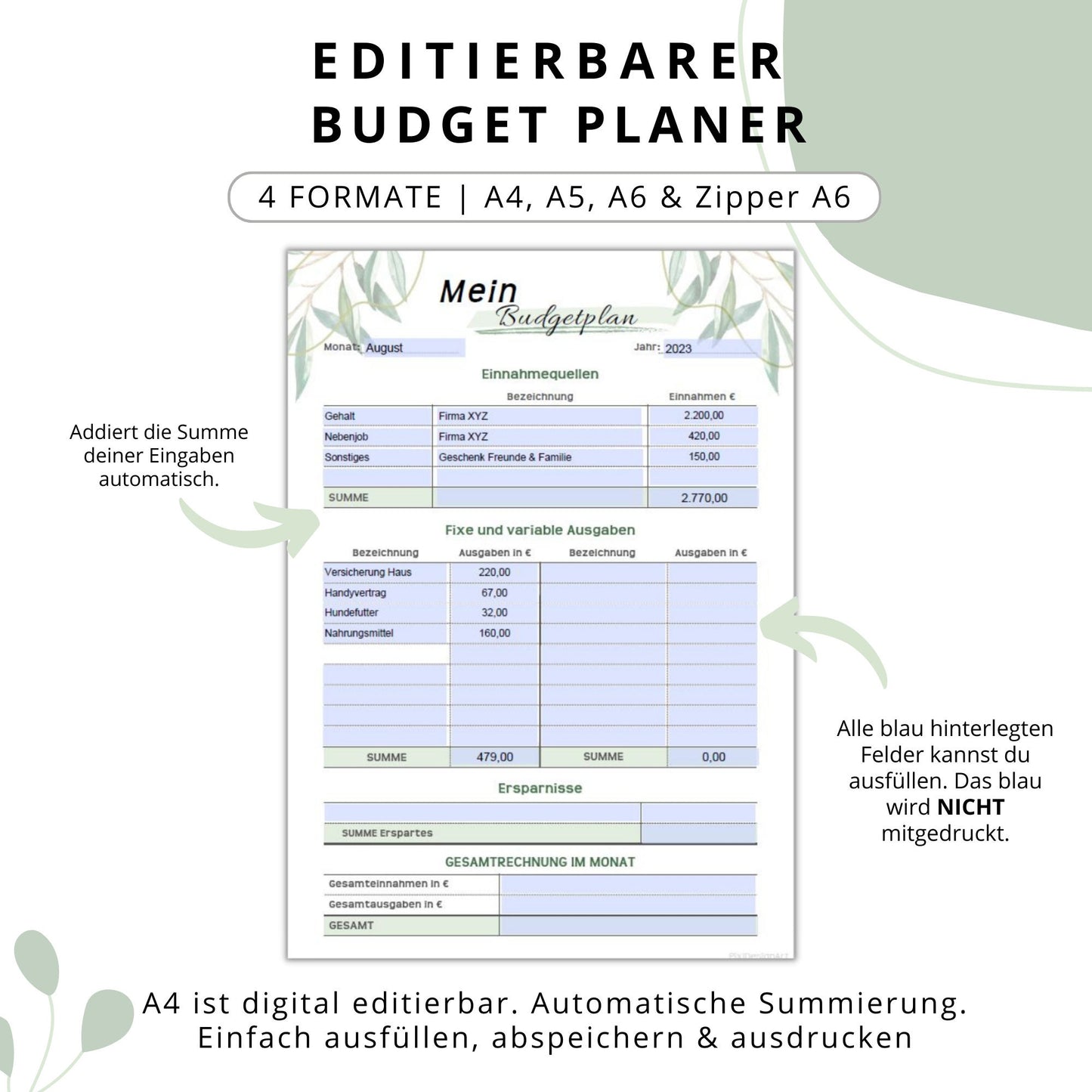 Budget Planer editierbare PDF, grün