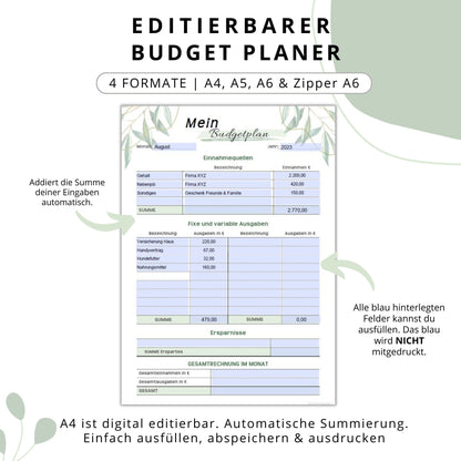 Budget Planer editierbare PDF, grün