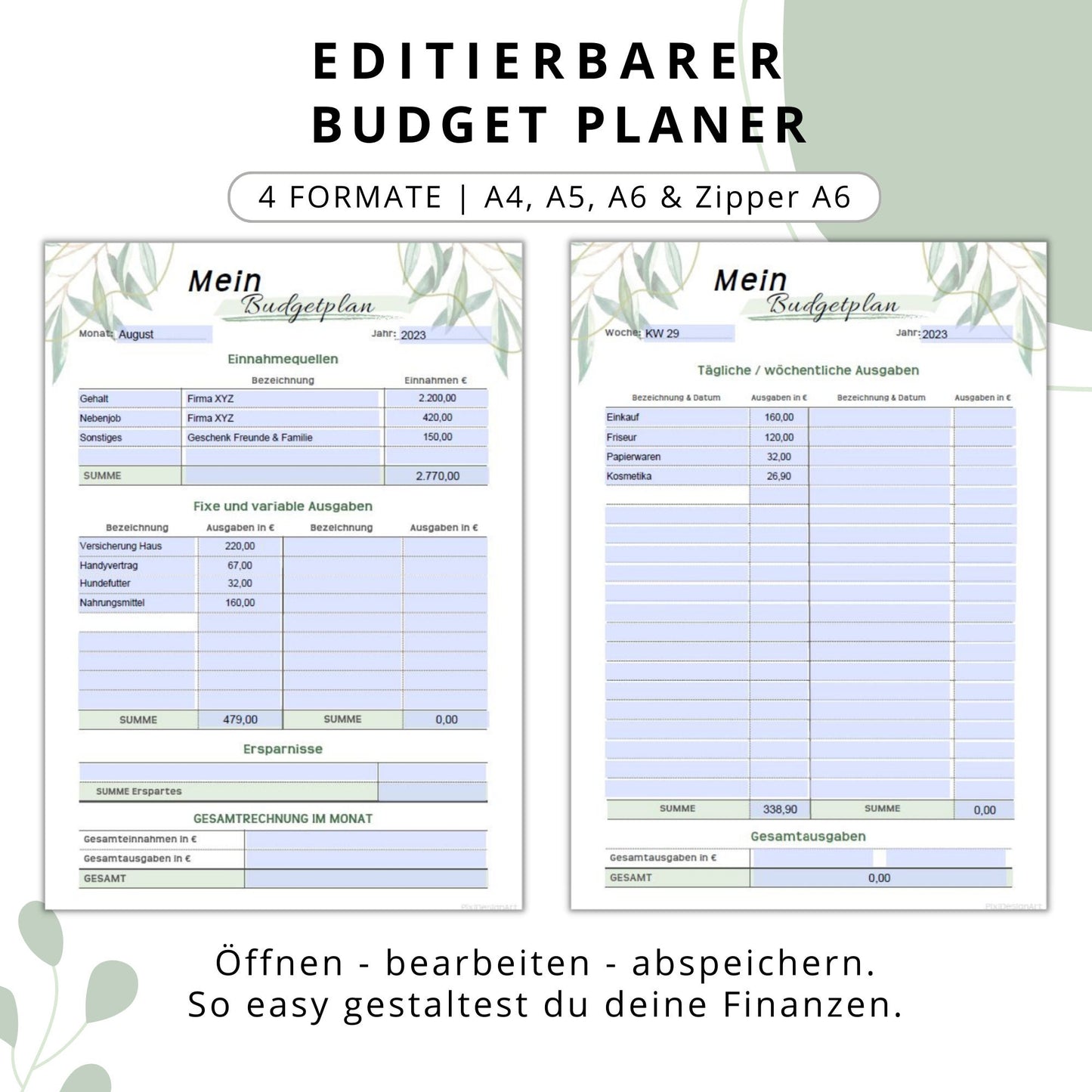 Budget Planer editierbare PDF, grün