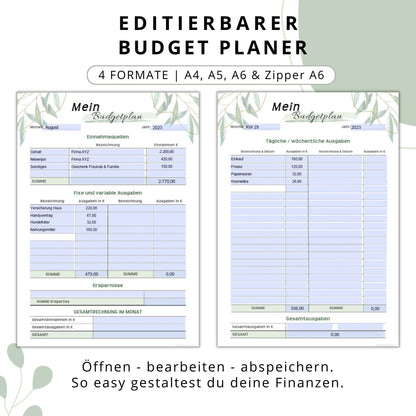 Budget Planer editierbare PDF, grün