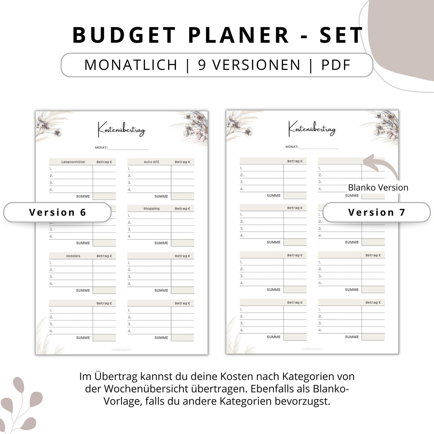 Budget Planer- SET 9 Varianten, beige