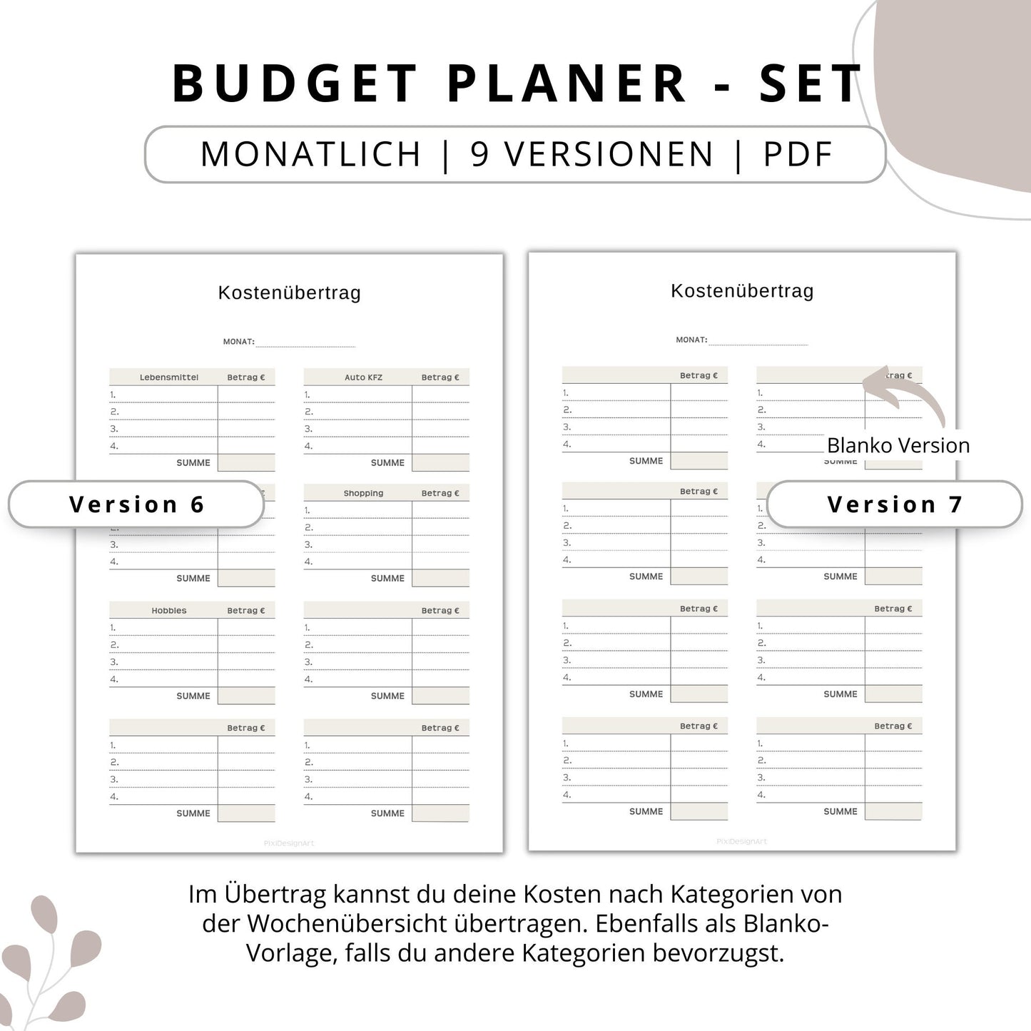 Budget Planer- SET 9 Varianten, beige minimal