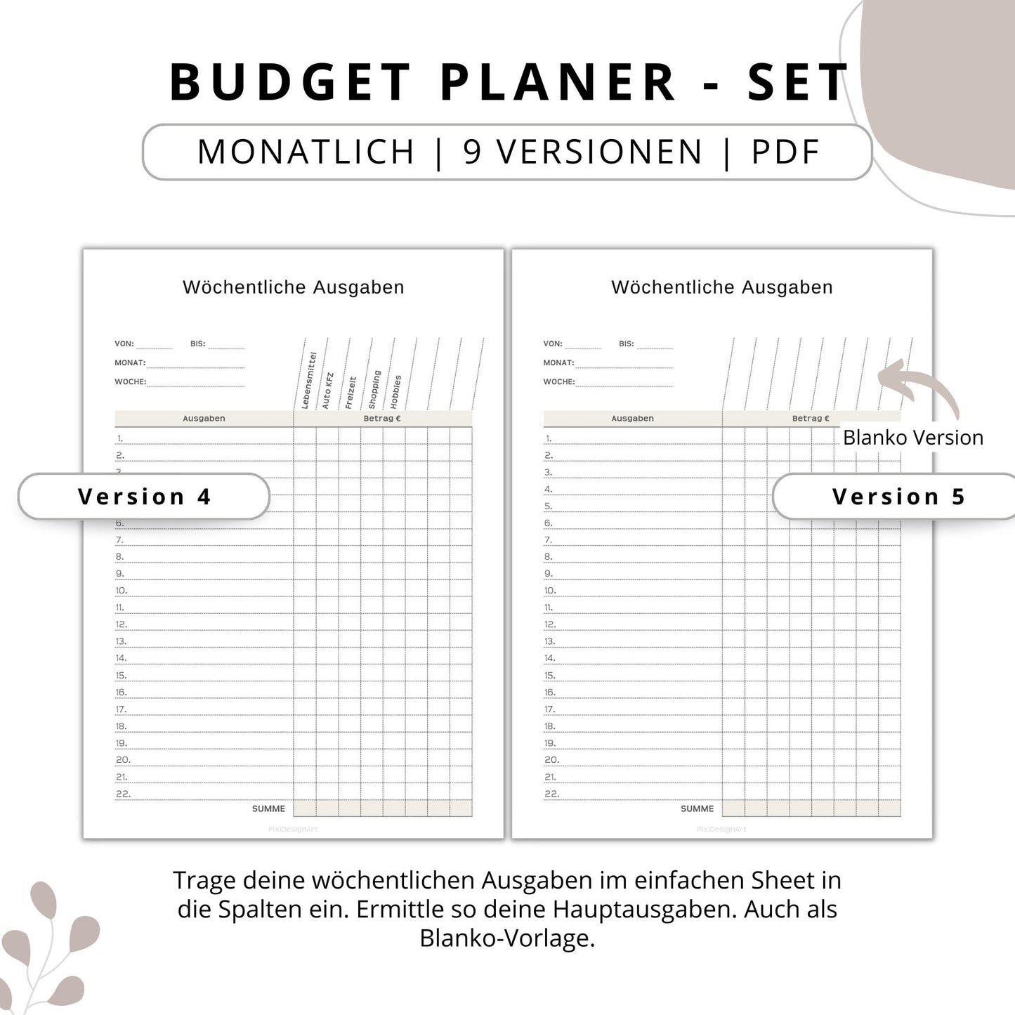 Budget Planer- SET 9 Varianten, beige minimal